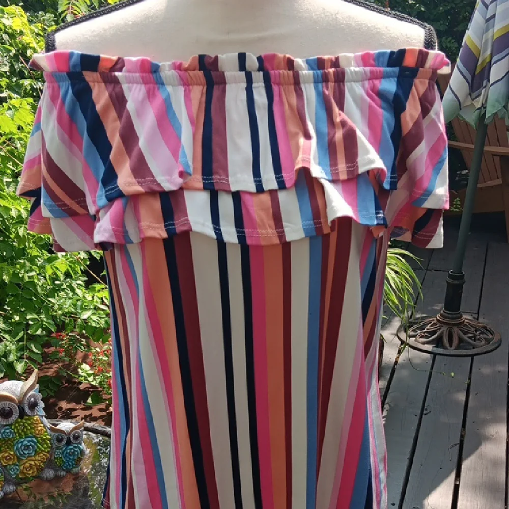 Striped Off-Shoulder Ruffle Top - Picture 1 of 8
